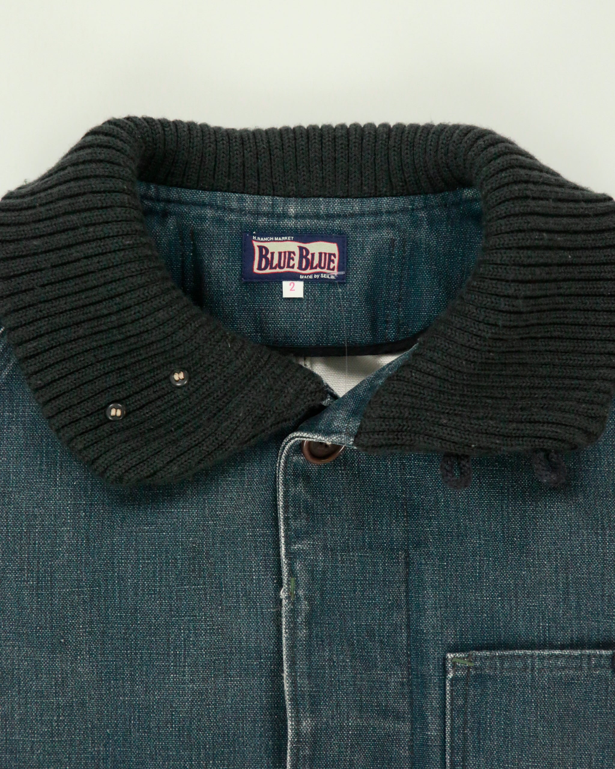 Vintage 1990s BLUE BLUE Japan By Seilin &amp; Co. Indigo Denim Ribbed Collar Mac Jacket - M