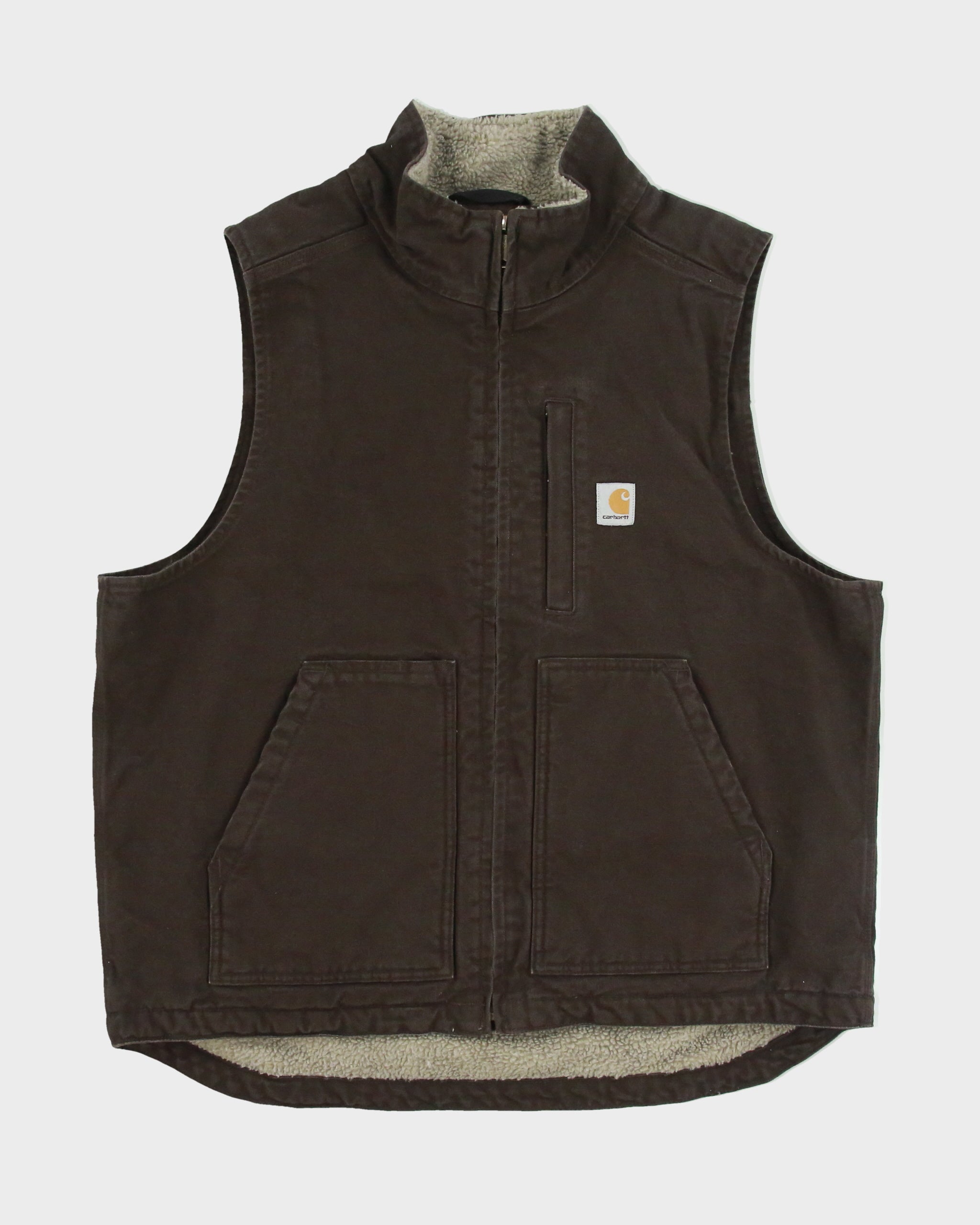 Vintage Carhartt DKB Washed Duck Canvas Sherpa Lined Loose Fit Mock Neck Gilet - L