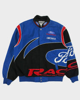 Vintage Y2K 00s Checkered Flag Ford Racing Embroidered Canvas Nascar Bomber Jacket - L