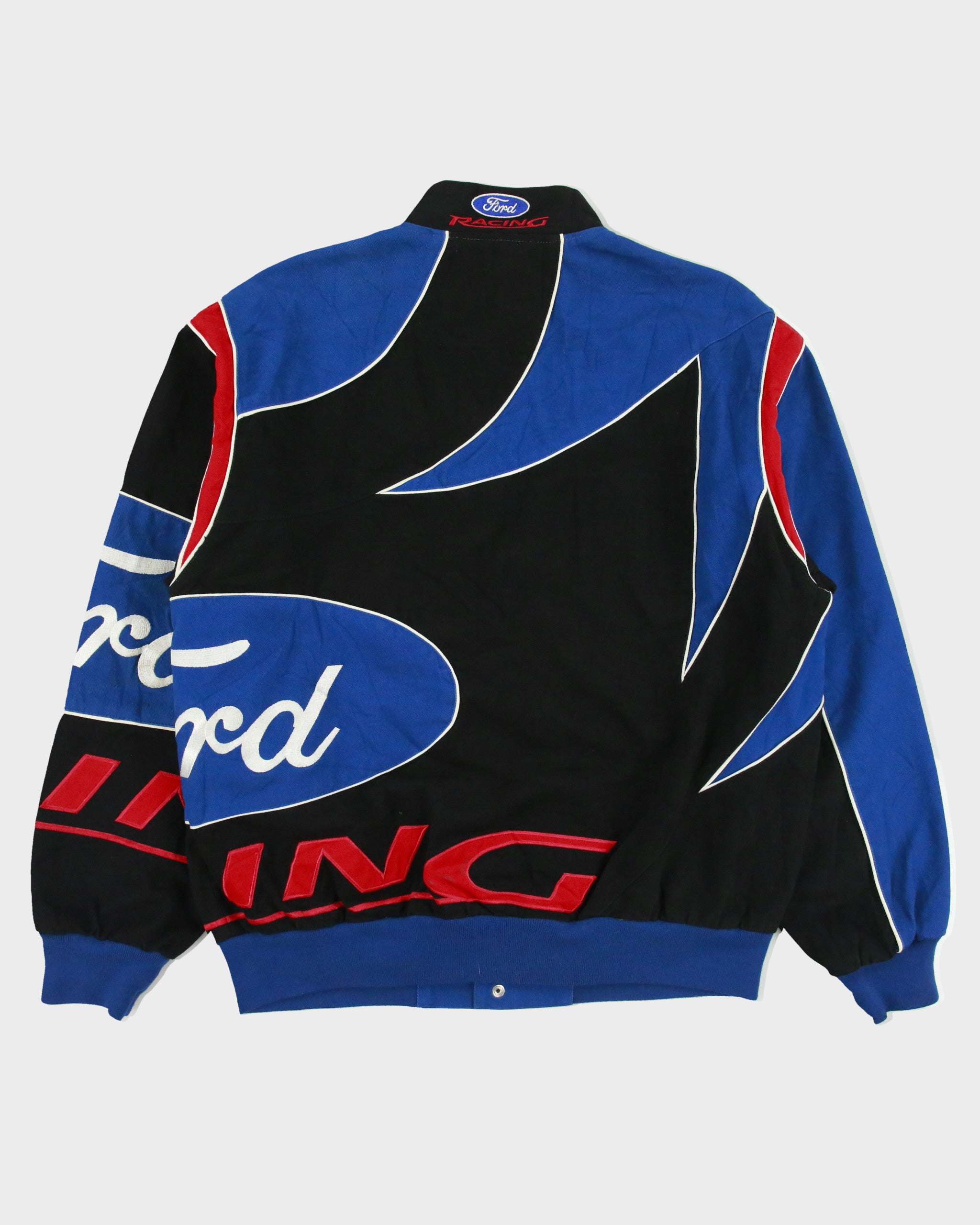 Vintage Y2K 00s Checkered Flag Ford Racing Embroidered Canvas Nascar Bomber Jacket - L