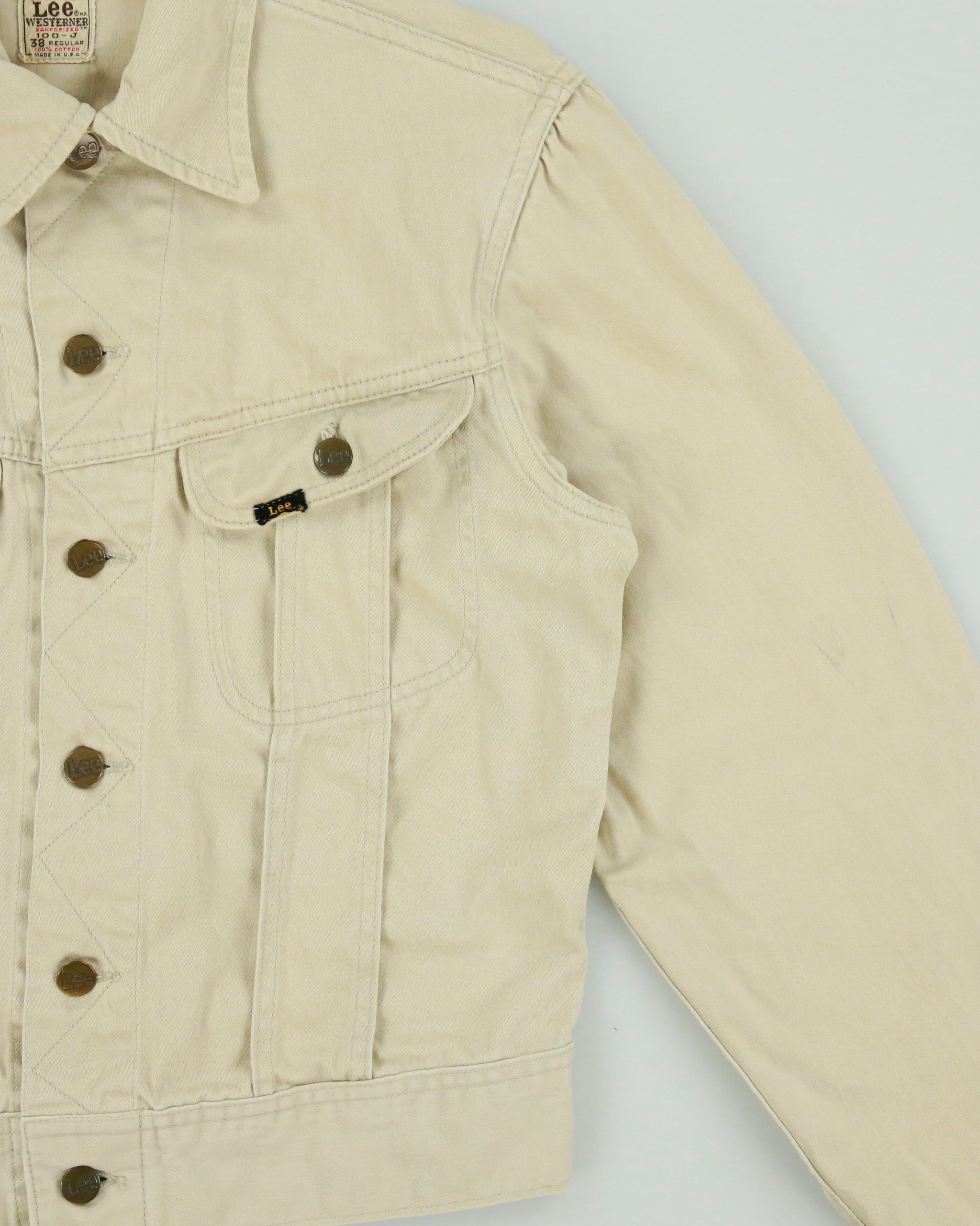 Vintage 1960s Lee Westerner Sanforized 100-J Union Made In USA Desert Khaki Santeen Denim Trucker Jacket - S