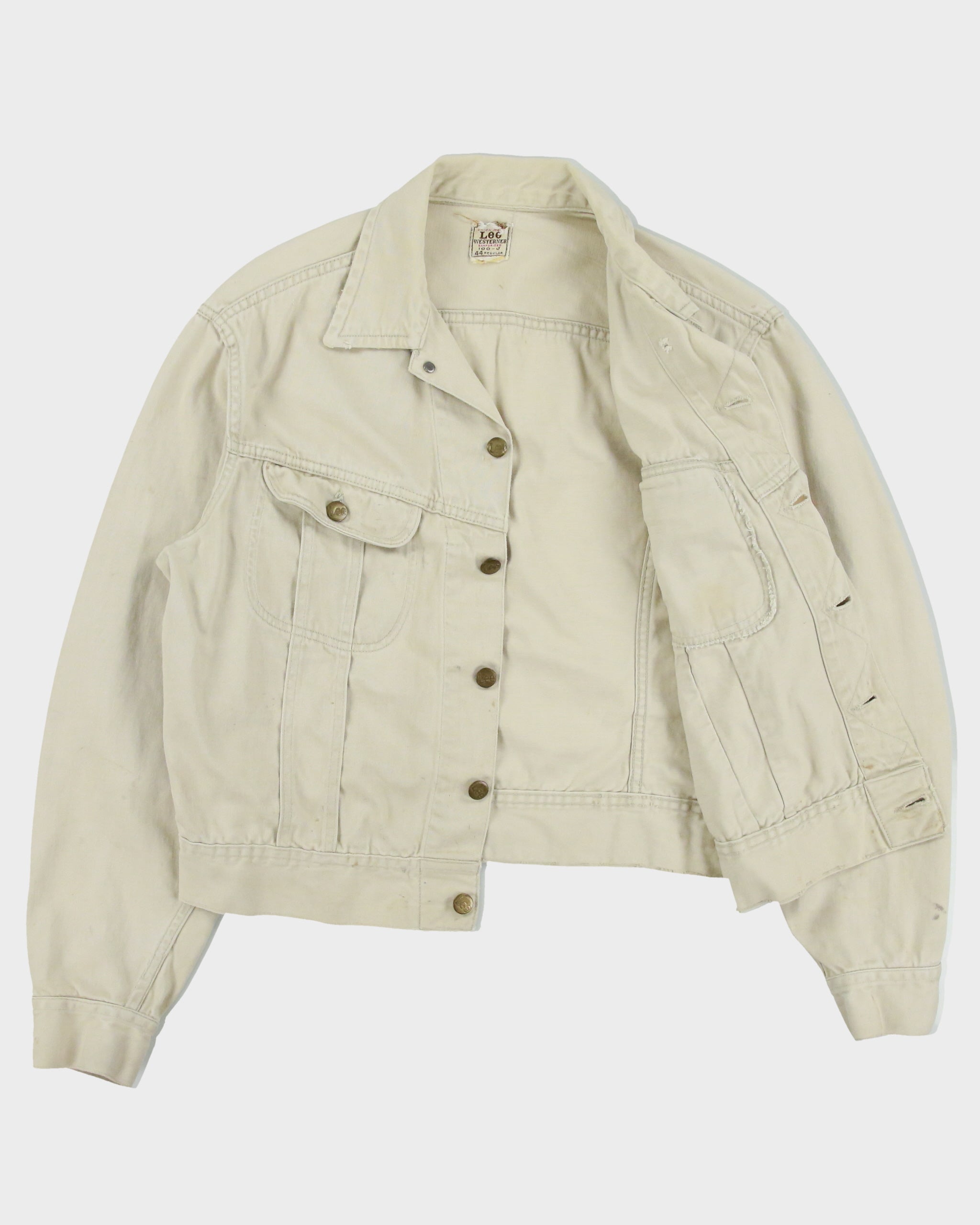Vintage 1960s Lee Westerner Sanforized 100-J Union Made In USA Distressed Desert Khaki Santeen Denim Trucker Jacket - XL
