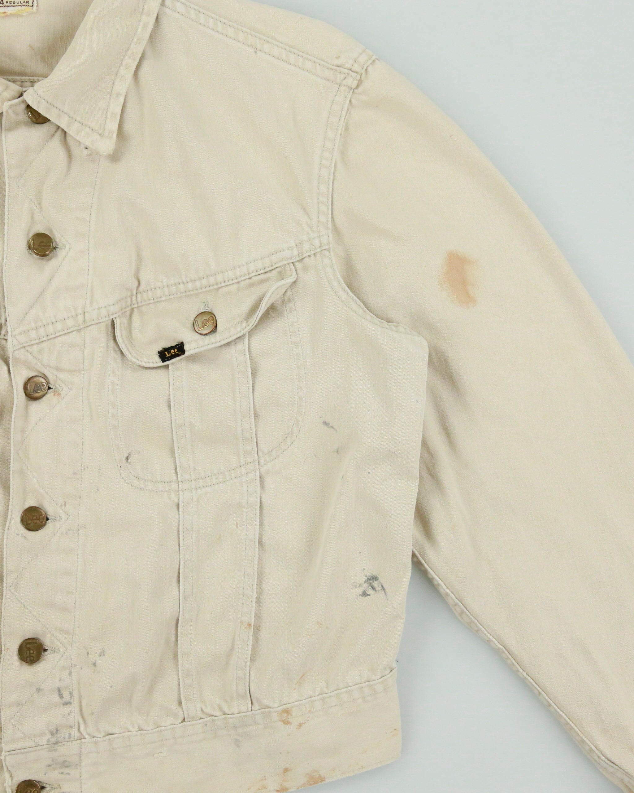 Vintage 1960s Lee Westerner Sanforized 100-J Union Made In USA Distressed Desert Khaki Santeen Denim Trucker Jacket - XL