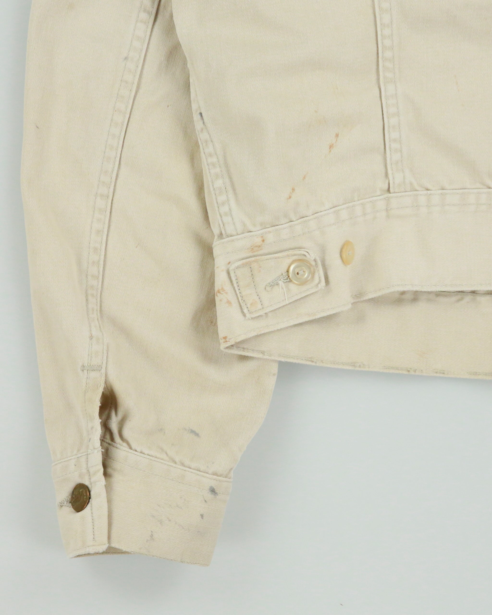 Vintage 1960s Lee Westerner Sanforized 100-J Union Made In USA Distressed Desert Khaki Santeen Denim Trucker Jacket - XL
