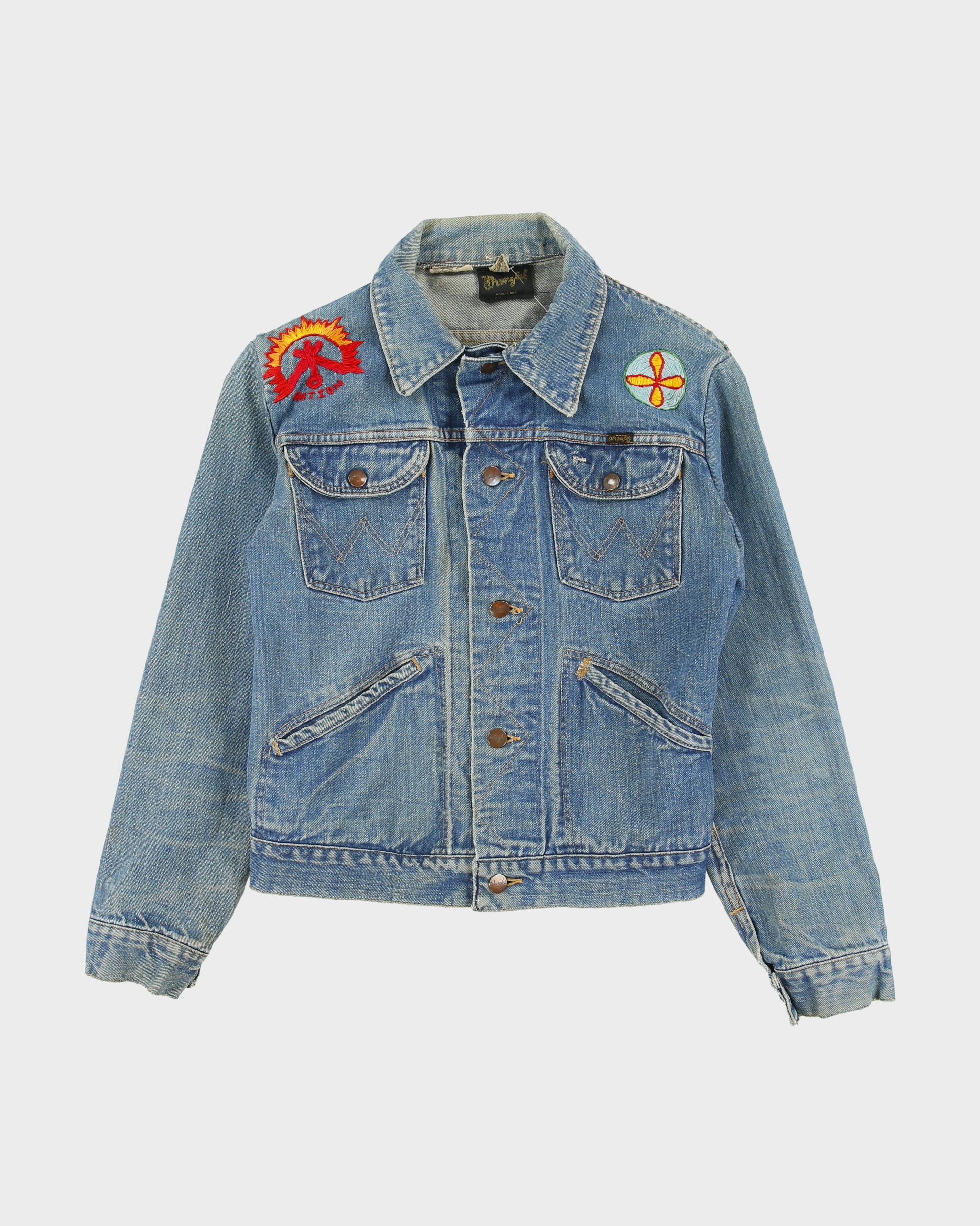 Vintage 1970s Wrangler 124MJ Made In USA Custom Embroidered Denim Trucker Jacket - S