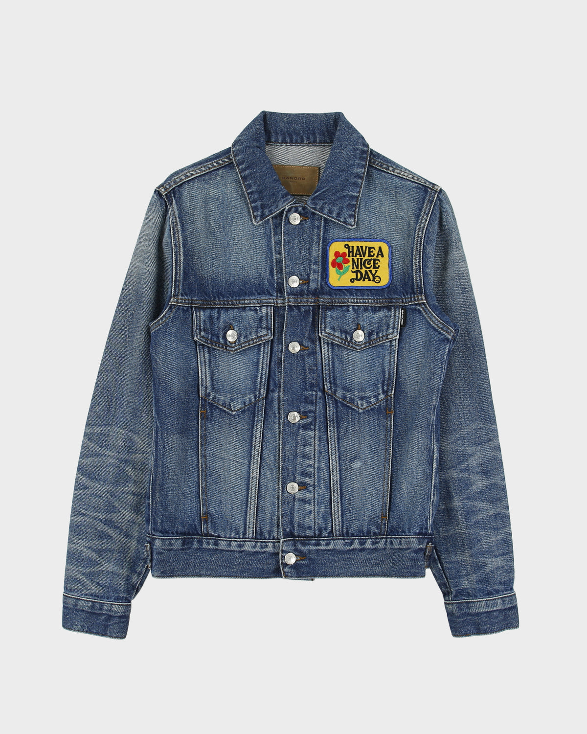 Sandro Have A Nice Day Patch Stone Wash Denim Type 3 Trucker Jacket - XS