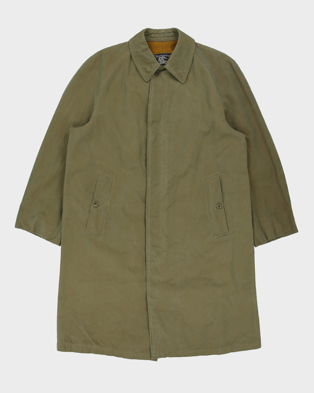 Vintage 1980s Burberry Iridescent Khaki Canvas Plaid Lined Made In England Commander II Mac - L