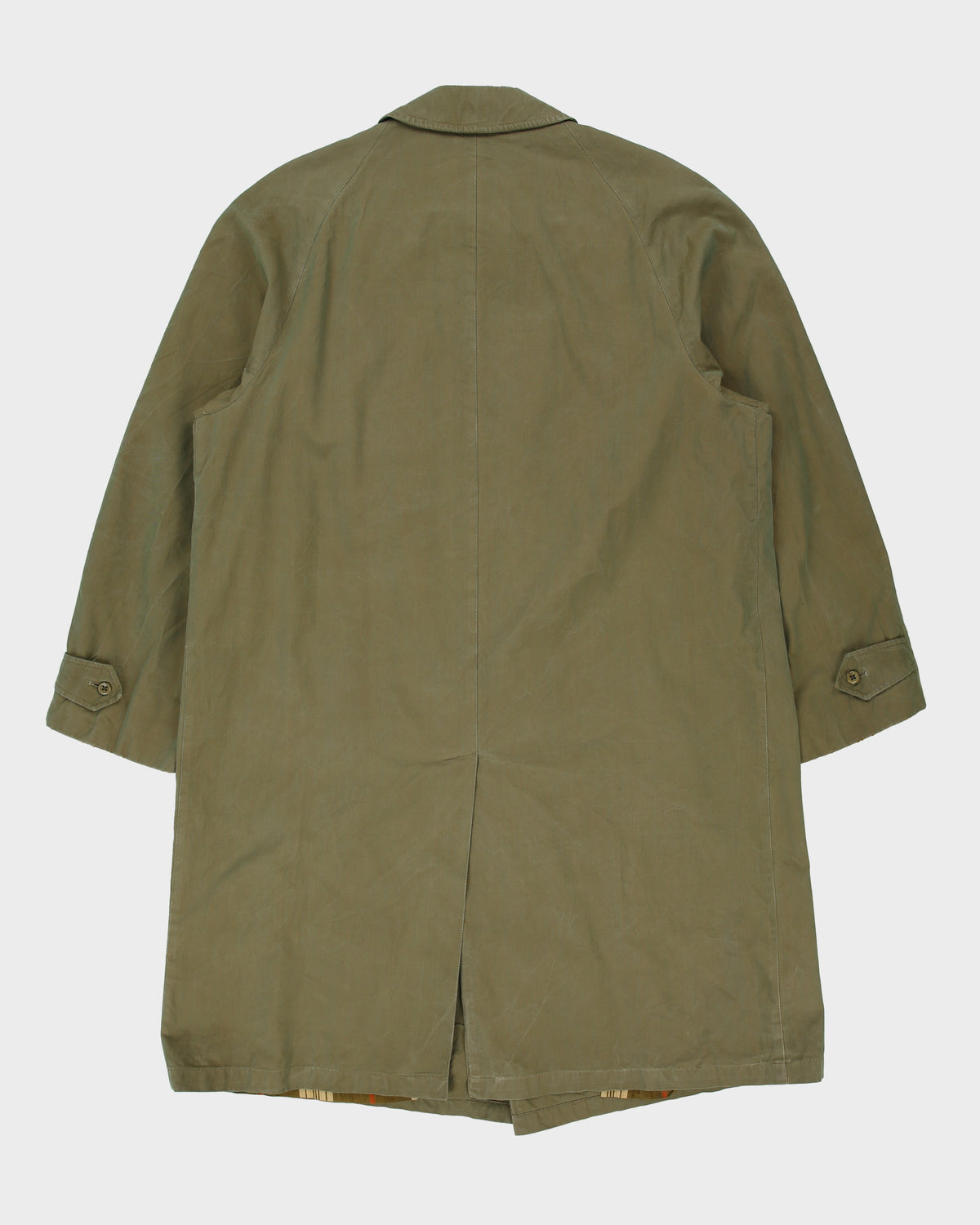 Vintage 1980s Burberry Iridescent Khaki Canvas Plaid Lined Made In England Commander II Mac - L