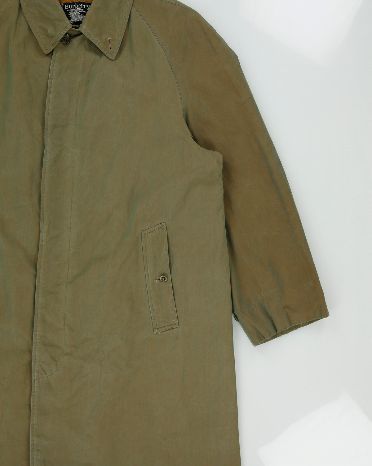 Vintage 1980s Burberry Iridescent Khaki Canvas Plaid Lined Made In England Commander II Mac - L