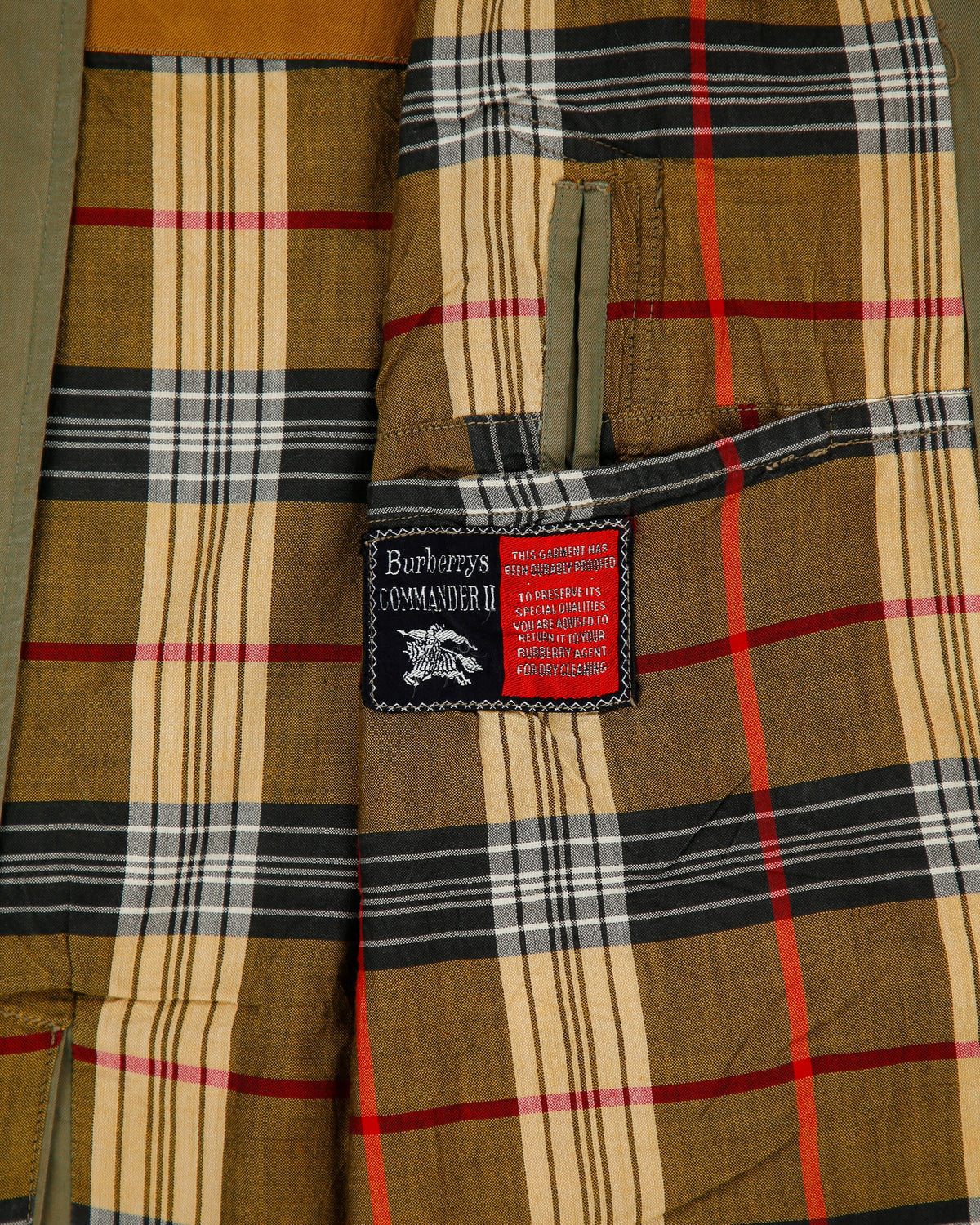 Vintage 1980s Burberry Iridescent Khaki Canvas Plaid Lined Made In England Commander II Mac - L