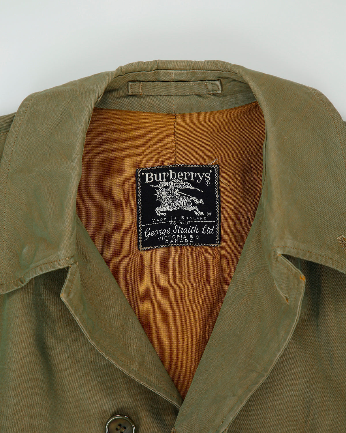 Vintage 1980s Burberry Iridescent Khaki Canvas Plaid Lined Made In England Commander II Mac - L