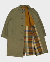 Vintage 1980s Burberry Iridescent Khaki Canvas Plaid Lined Made In England Commander II Mac - L