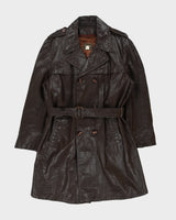 Vintage 1970s Sears Mahogany Leather Insulated Double Breasted Belted Made In America Trench Coat - L