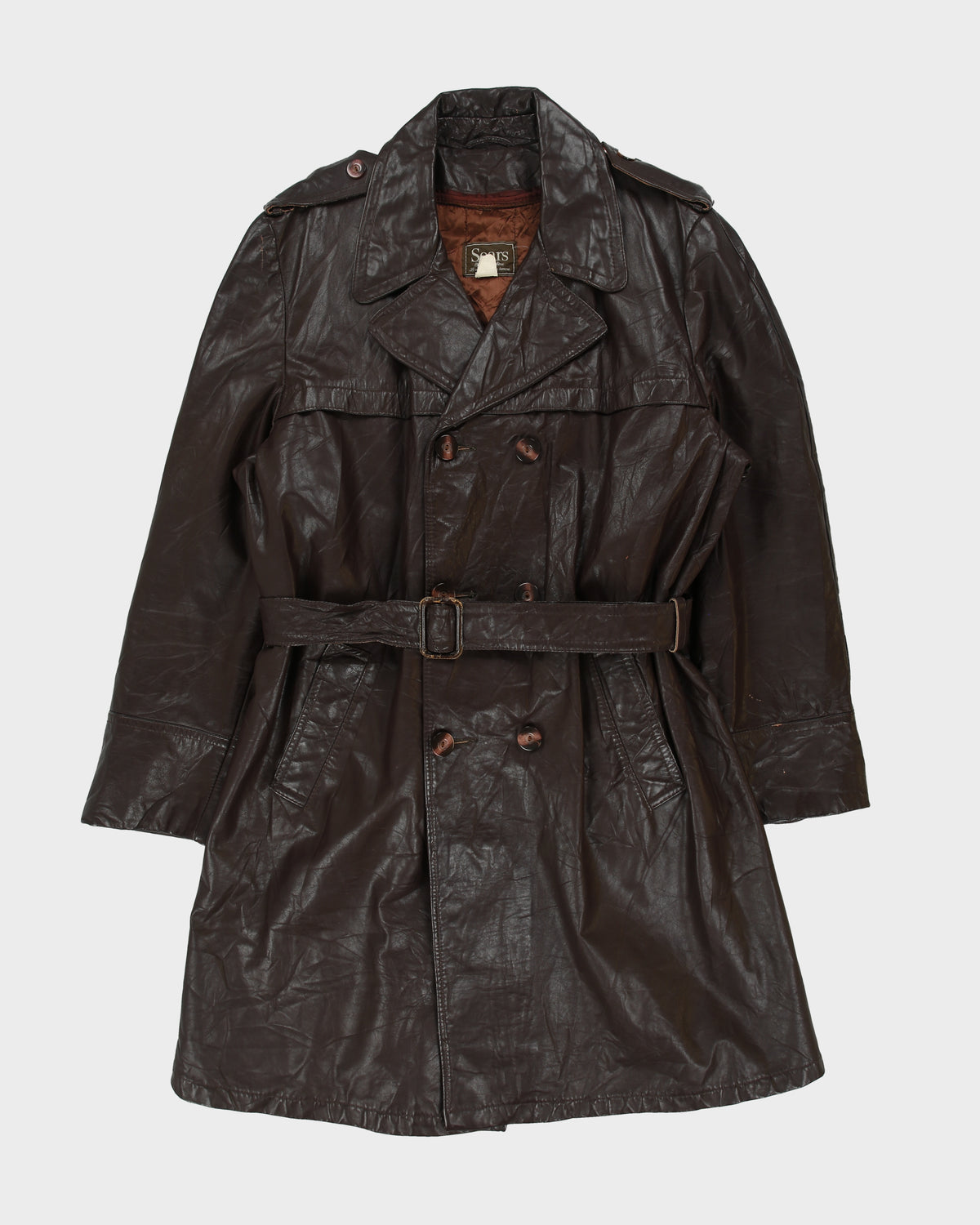 Vintage 1970s Sears Mahogany Leather Insulated Double Breasted Belted Made In America Trench Coat - L