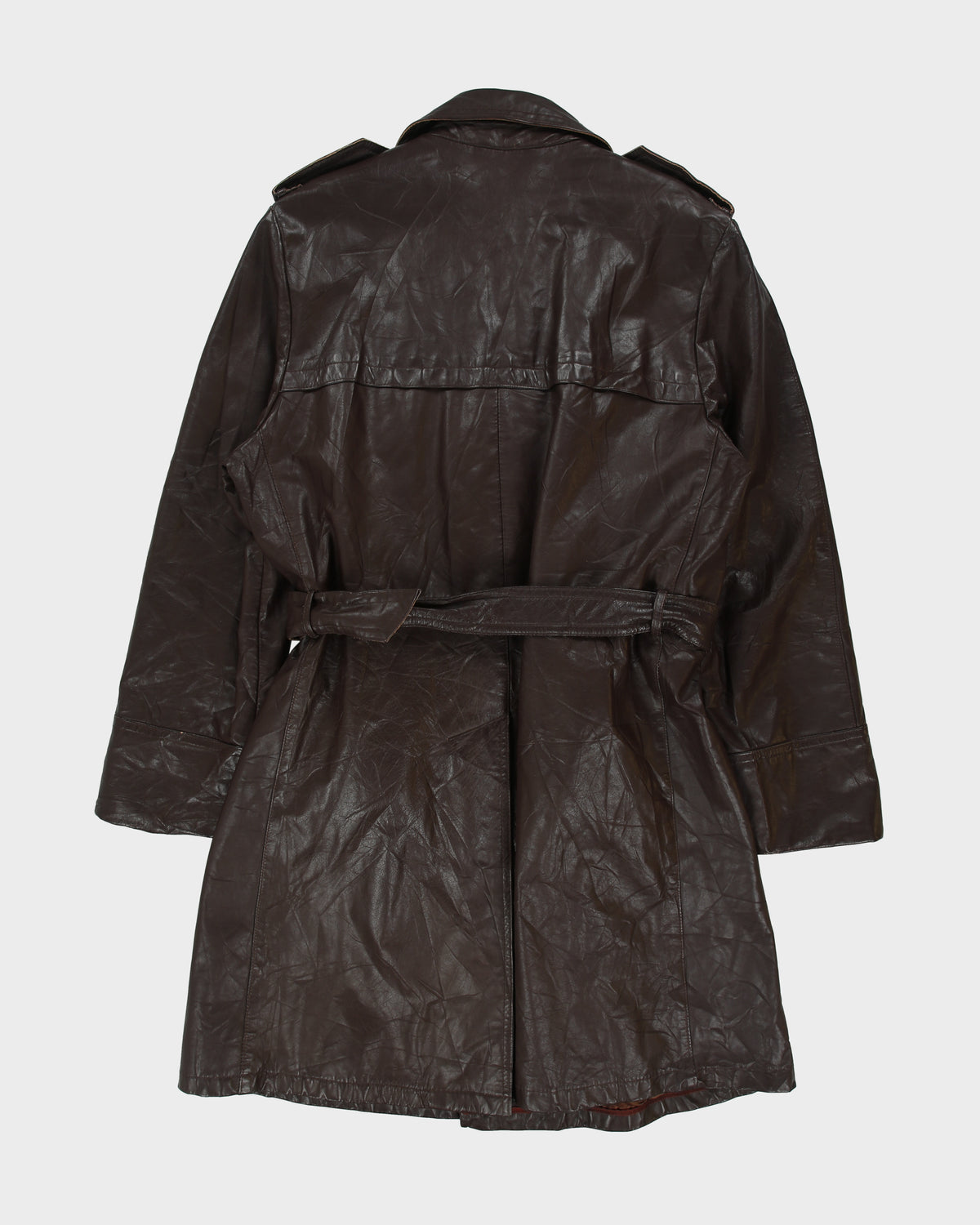 Vintage 1970s Sears Mahogany Leather Insulated Double Breasted Belted Made In America Trench Coat - L