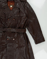 Vintage 1970s Sears Mahogany Leather Insulated Double Breasted Belted Made In America Trench Coat - L