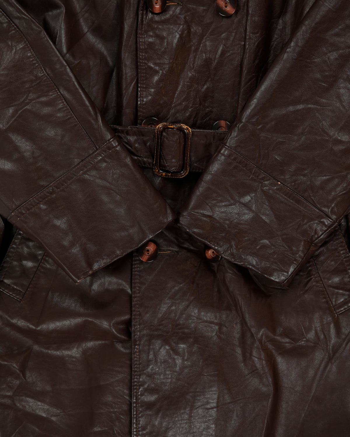 Vintage 1970s Sears Mahogany Leather Insulated Double Breasted Belted Made In America Trench Coat - L