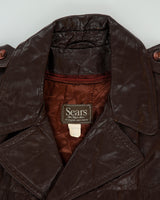 Vintage 1970s Sears Mahogany Leather Insulated Double Breasted Belted Made In America Trench Coat - L