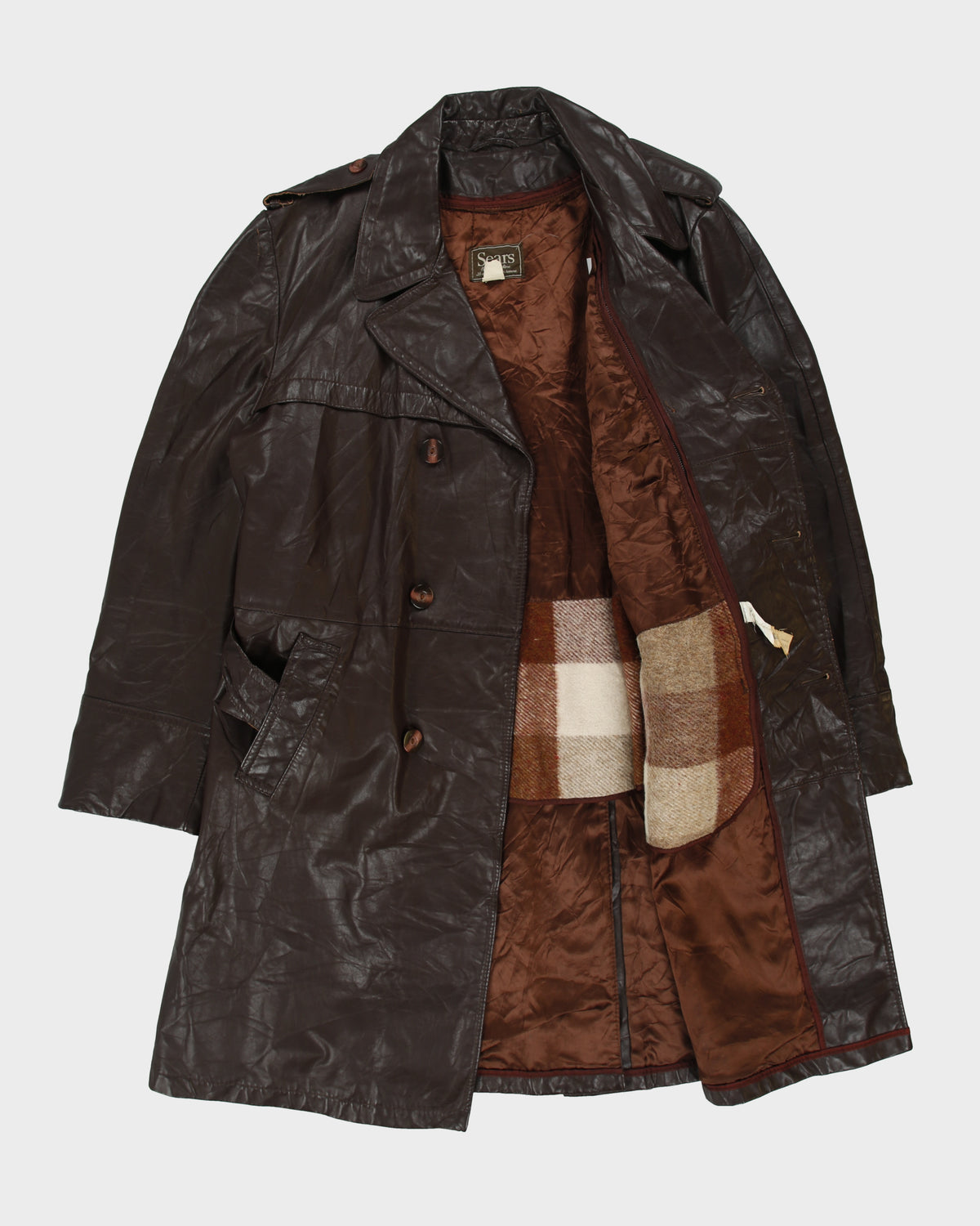 Vintage 1970s Sears Mahogany Leather Insulated Double Breasted Belted Made In America Trench Coat - L