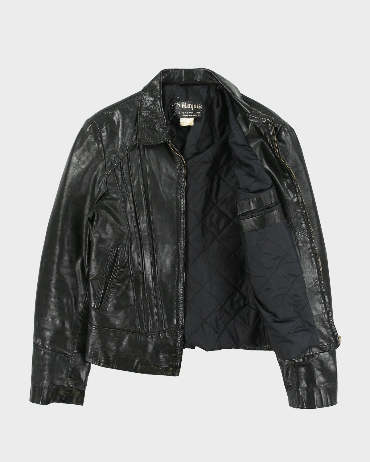 Vintage 1970s Marquis Of London Leather Quilt Lined Made In America Panelled Moto Biker Jacket - M