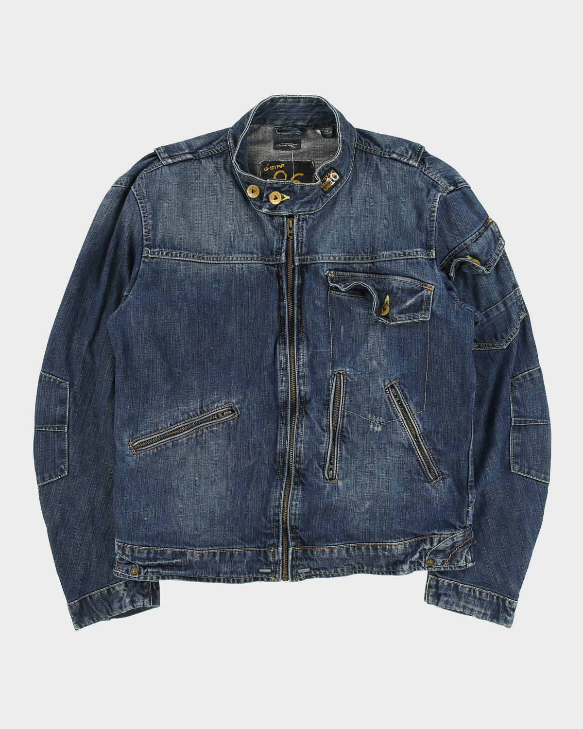 Vintage Y2K 00s G-Star Raw 96 Elwood Denim Patch Cafe Racer Moto Jacket - L
