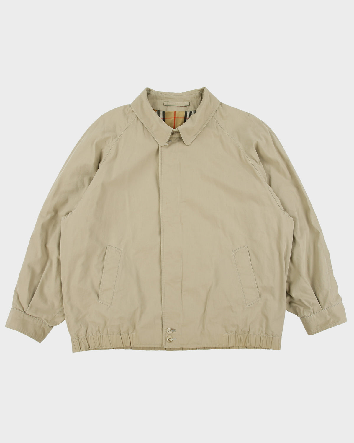 Vintage 1990s Burberry Khaki Canvas Nova Check Lined Boxy Harrington Jacket - L