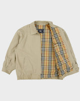 Vintage 1990s Burberry Khaki Canvas Nova Check Lined Boxy Harrington Jacket - L