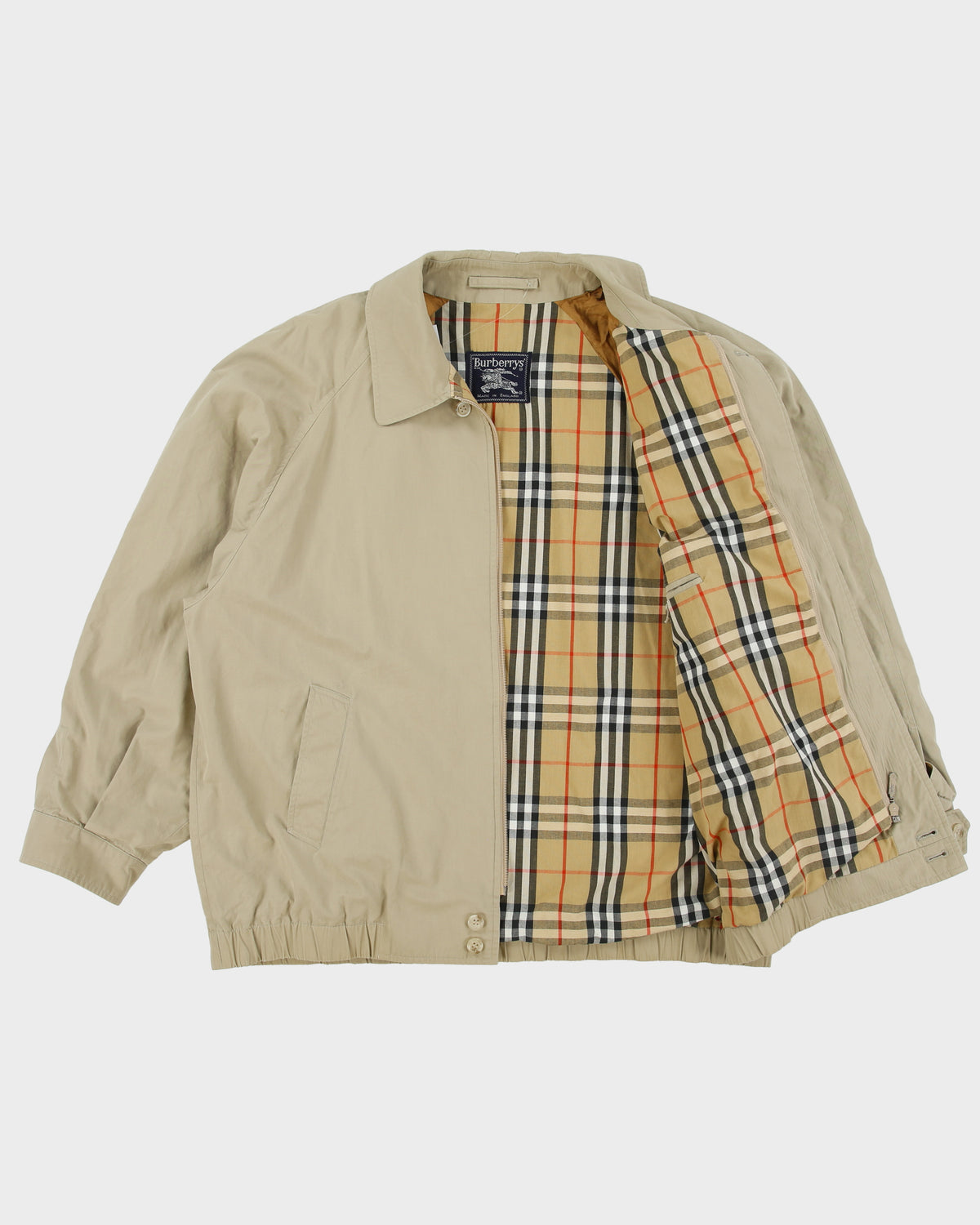Vintage 1990s Burberry Khaki Canvas Nova Check Lined Boxy Harrington Jacket - L