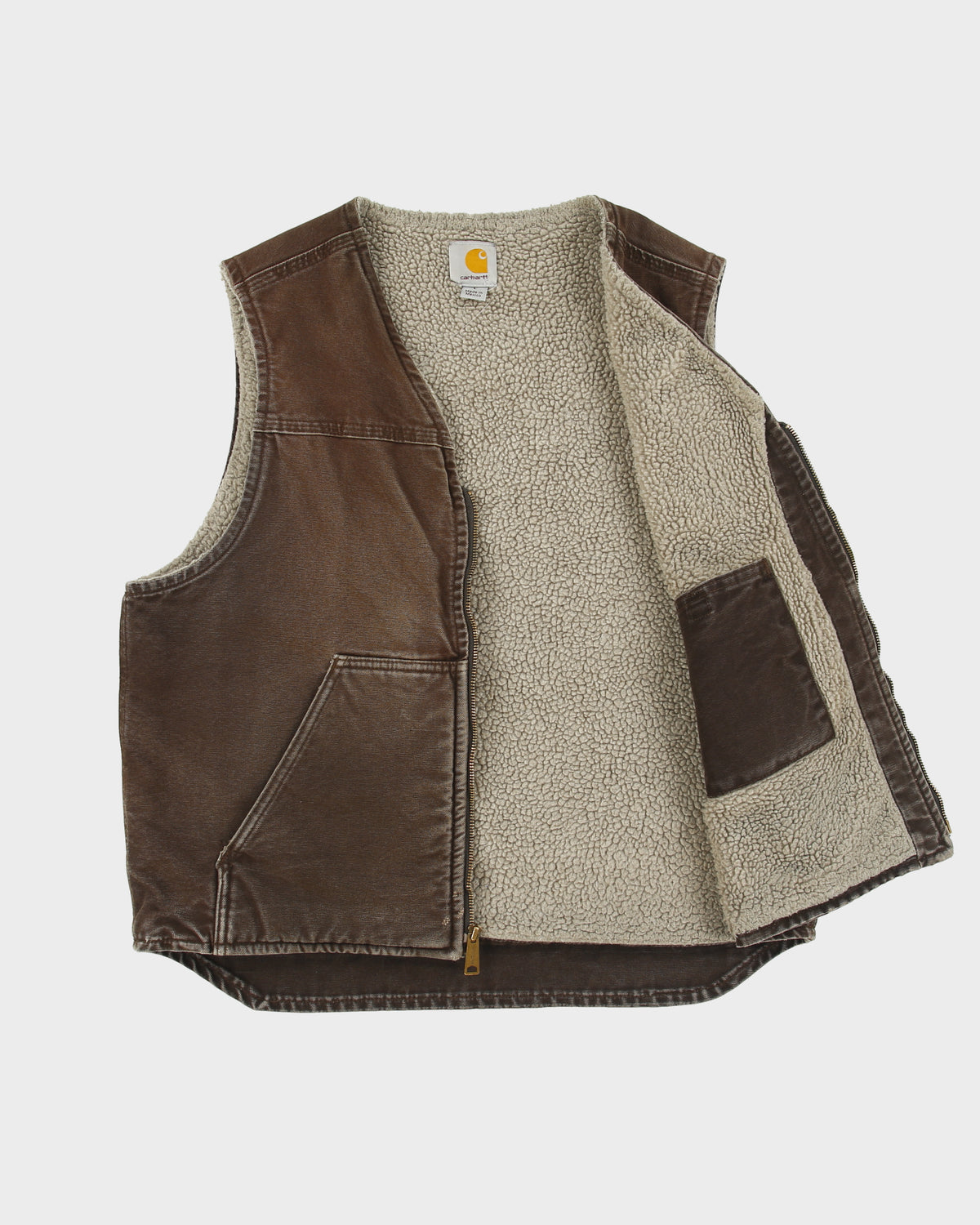 Vintage Carhartt V26 DKB Sherpa Lined Sandstone Duck Canvas Work Gilet - L