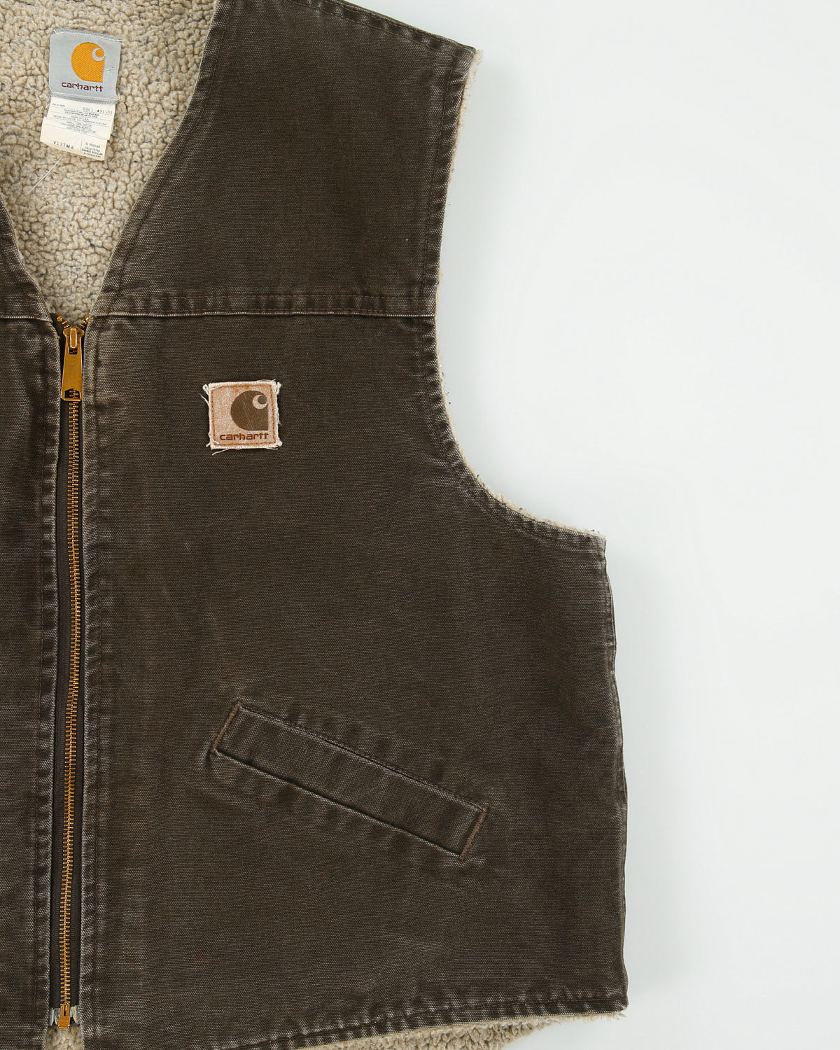 Vintage 2001 Y2K Carhartt V13 Timber Brown Sherpa Lined Firm Duck Canvas Union Made In USA Work Gilet - XL