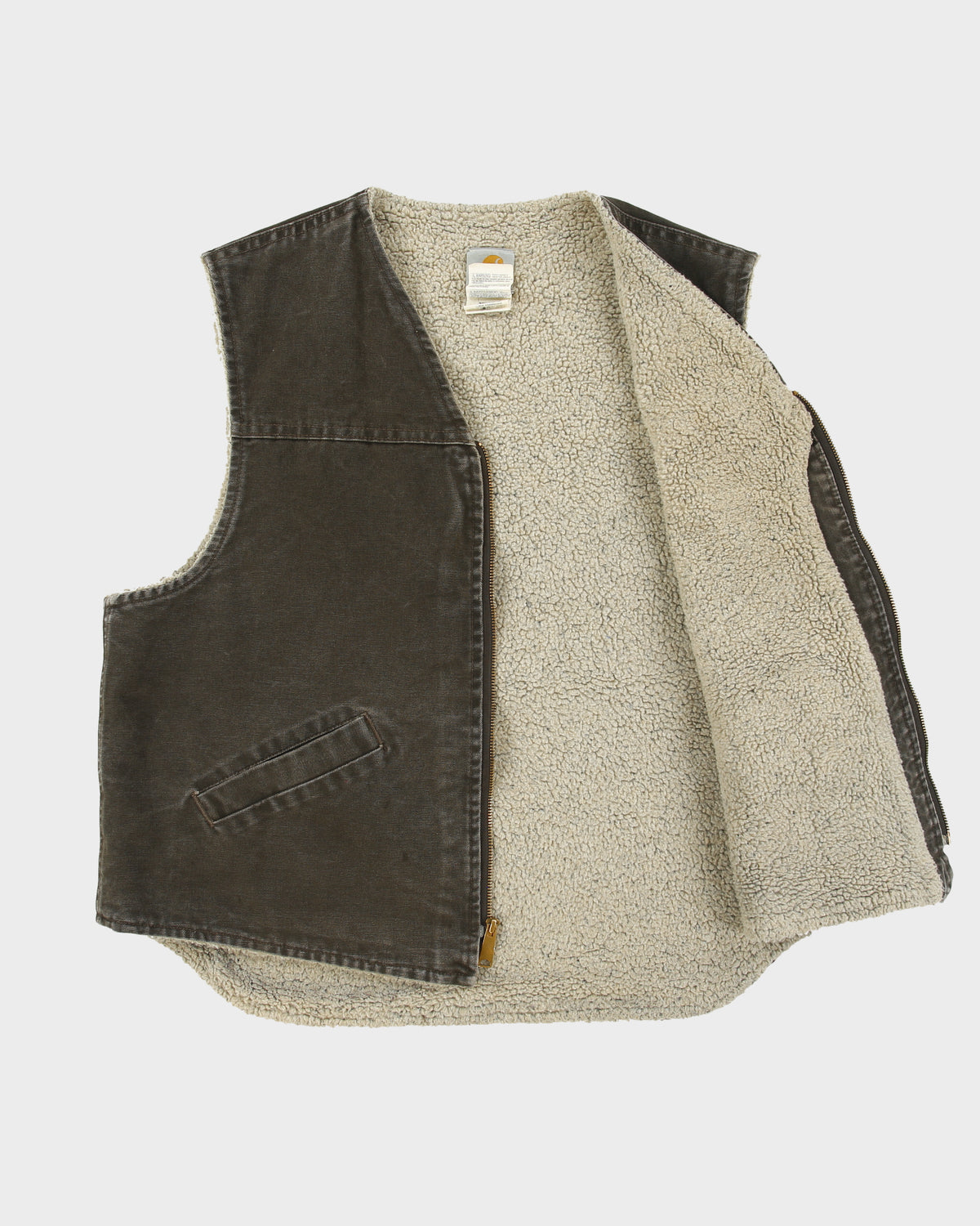 Vintage 2001 Y2K Carhartt V13 Timber Brown Sherpa Lined Firm Duck Canvas Union Made In USA Work Gilet - XL