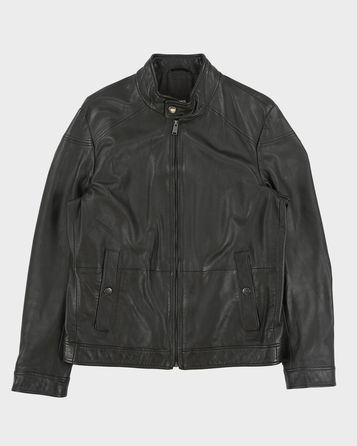 Hugo Boss Dark Brown Lambskin Leather Cafe Racer Moto Jacket - L