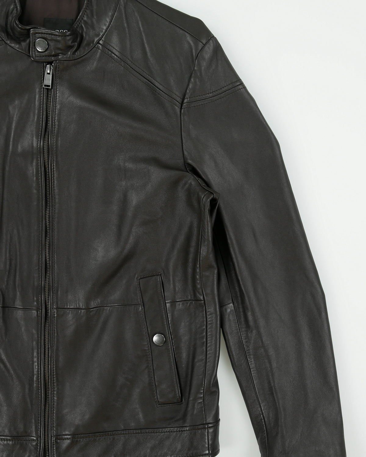 Hugo Boss Dark Brown Lambskin Leather Cafe Racer Moto Jacket - L