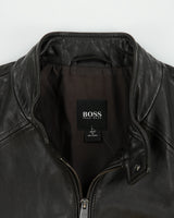 Hugo Boss Dark Brown Lambskin Leather Cafe Racer Moto Jacket - L
