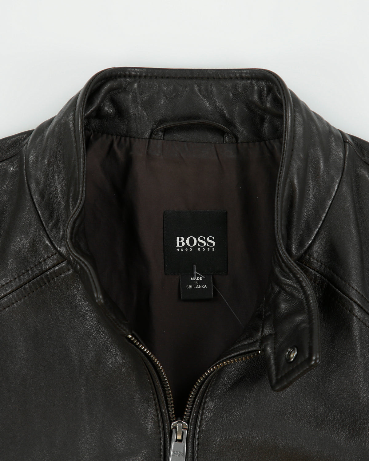 Hugo Boss Dark Brown Lambskin Leather Cafe Racer Moto Jacket - L