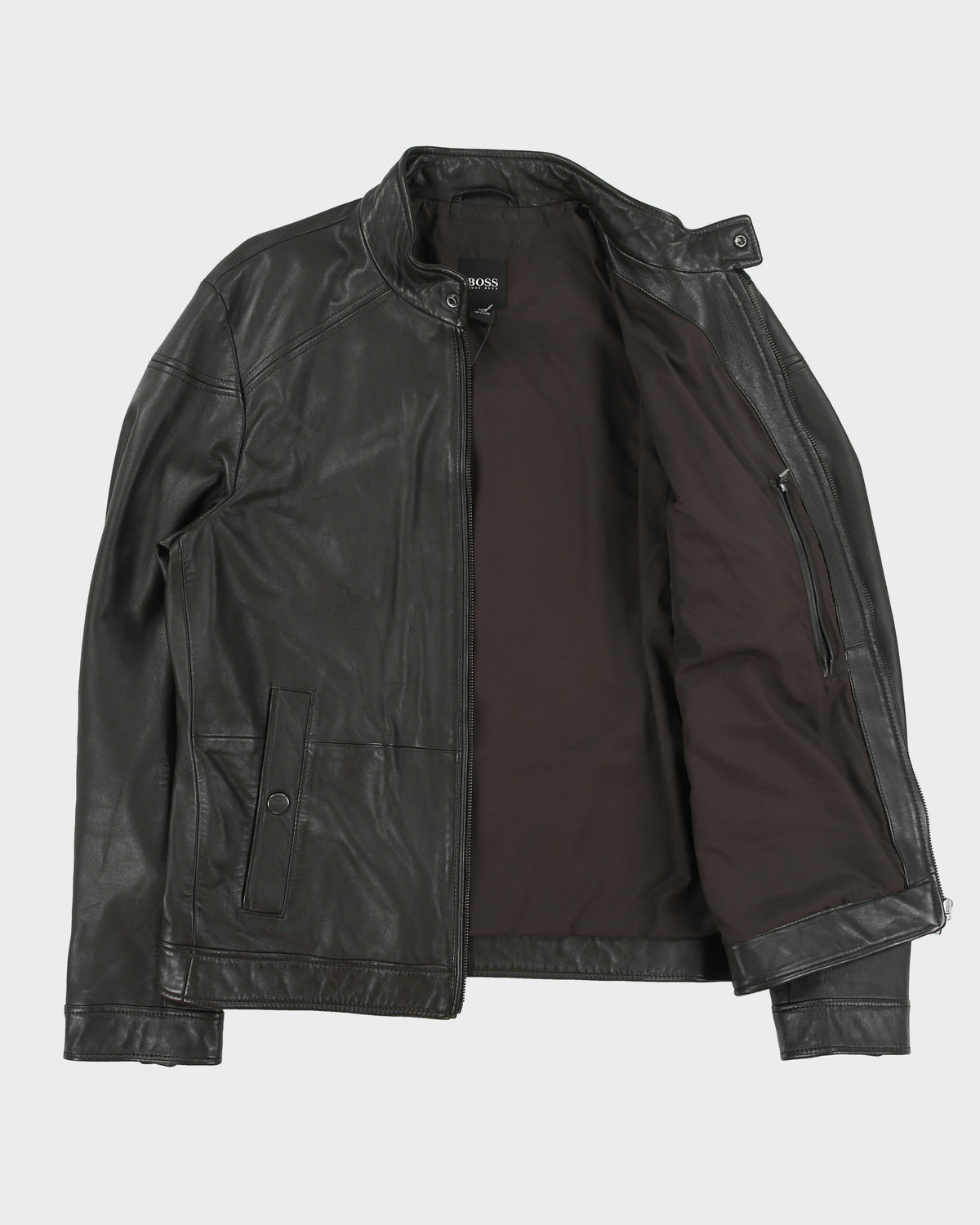 Hugo Boss Dark Brown Lambskin Leather Cafe Racer Moto Jacket - L