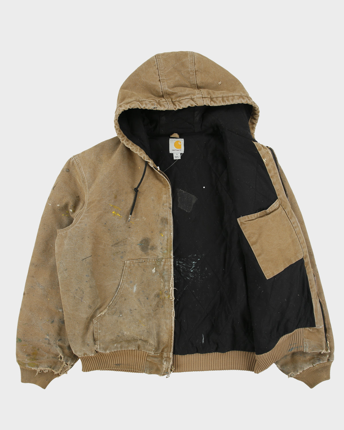 Vintage Carhartt J130 FRB Distressed Sandstone Duck Canvas Insulated Quilt Lined Active Jacket - L