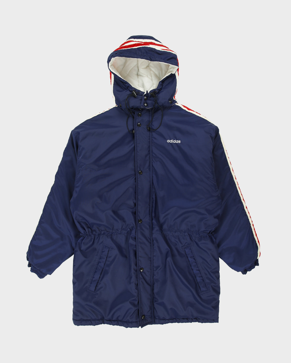 Vintage 1990s Adidas Embroidered 3-Stripe Padded Quilt Lined Mid-Length Coaches Jacket - L