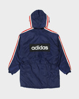 Vintage 1990s Adidas Embroidered 3-Stripe Padded Quilt Lined Mid-Length Coaches Jacket - L
