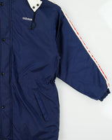 Vintage 1990s Adidas Embroidered 3-Stripe Padded Quilt Lined Mid-Length Coaches Jacket - L