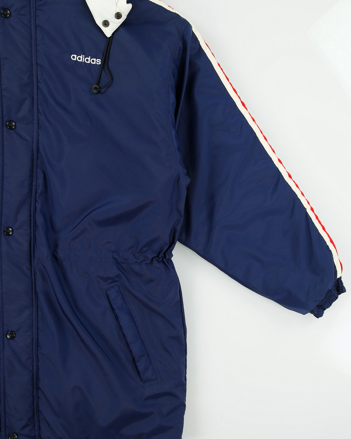 Vintage 1990s Adidas Embroidered 3-Stripe Padded Quilt Lined Mid-Length Coaches Jacket - L