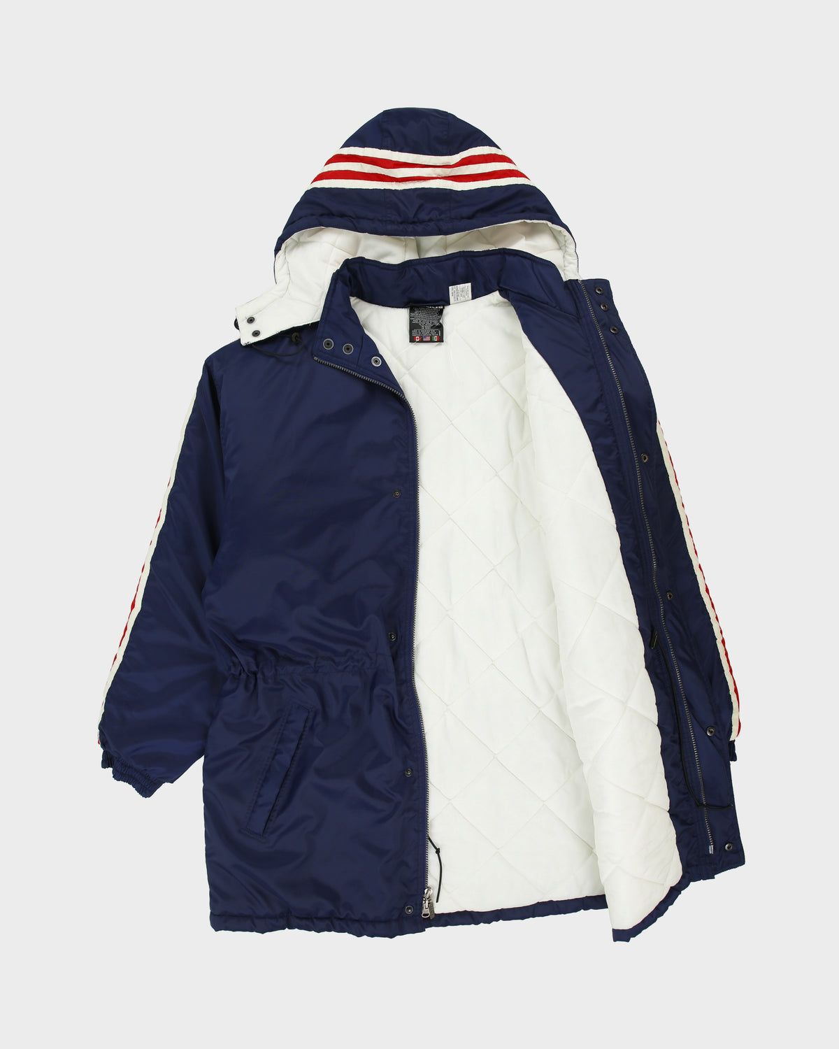 Vintage 1990s Adidas Embroidered 3-Stripe Padded Quilt Lined Mid-Length Coaches Jacket - L