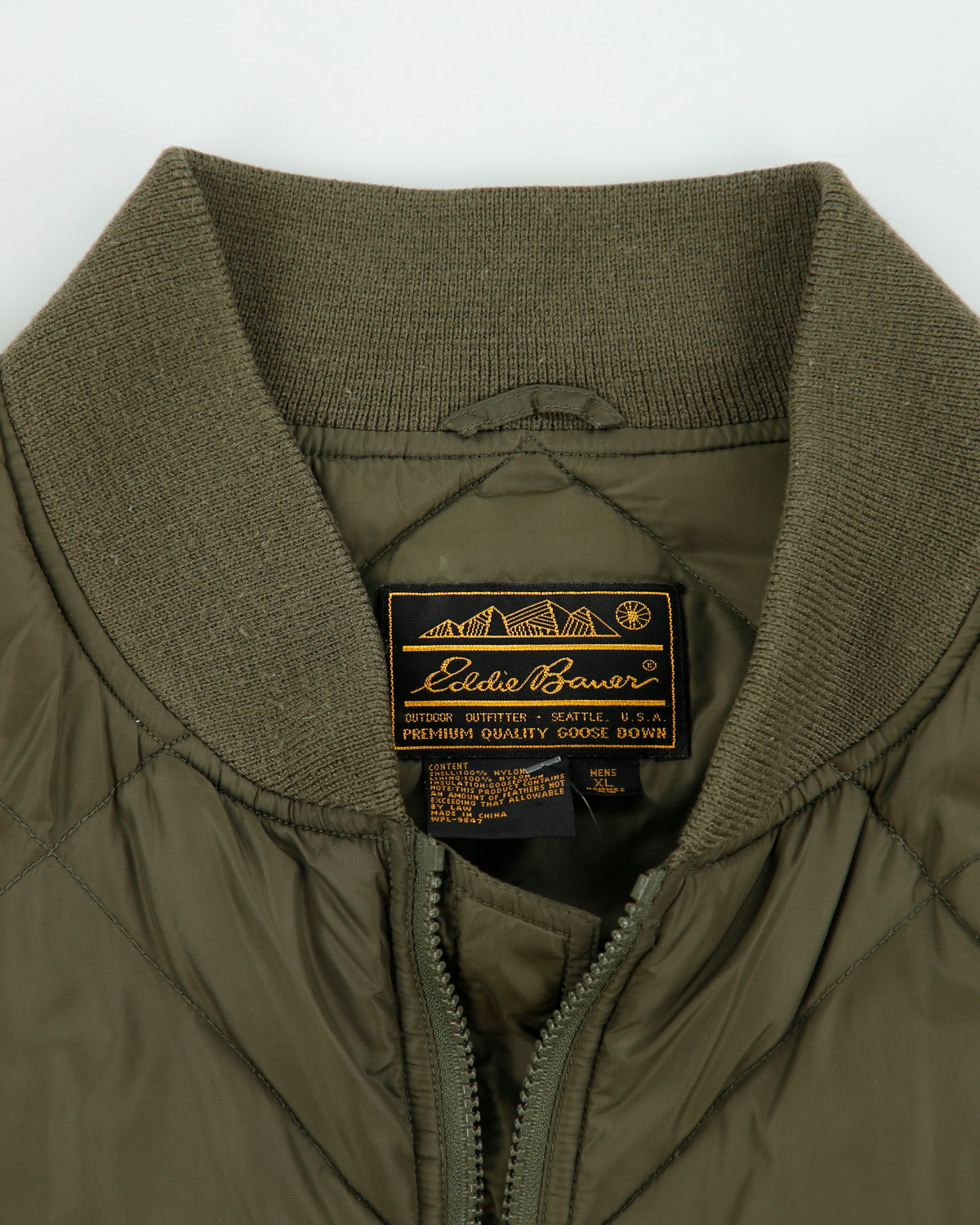 Vintage 1990s Eddie Bauer Khaki Goose Down Diamond Quilted Bomber Jacket - XL