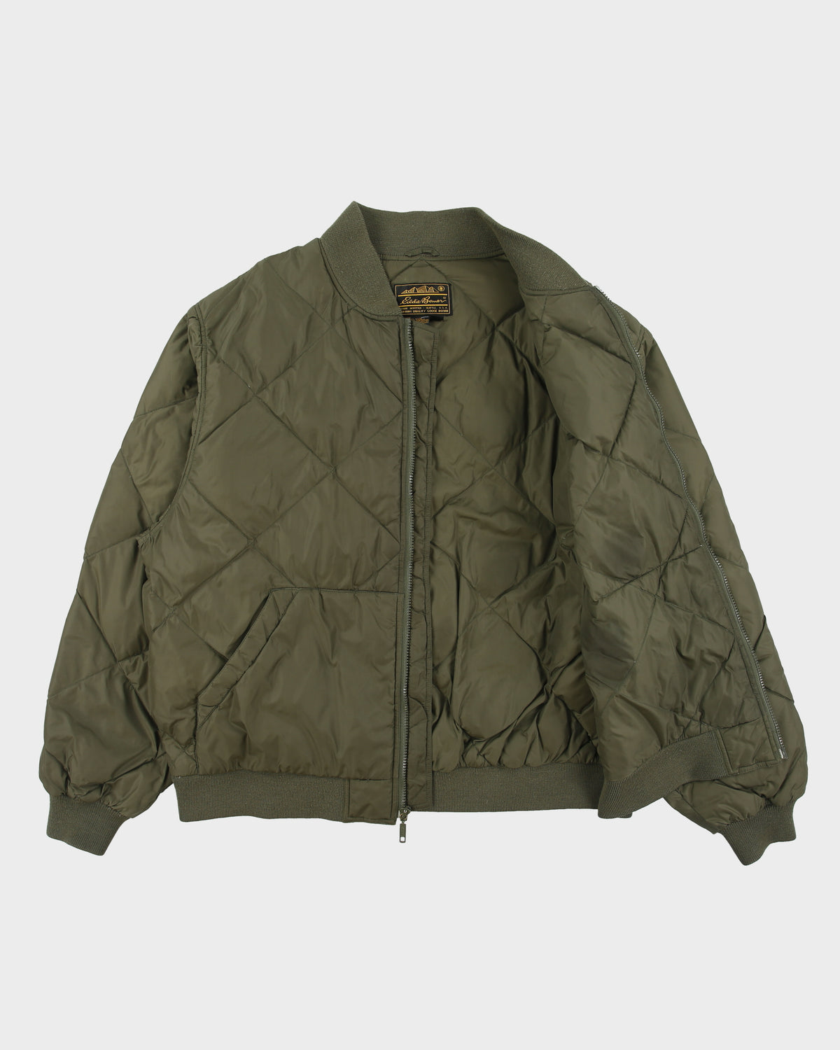 Vintage 1990s Eddie Bauer Khaki Goose Down Diamond Quilted Bomber Jacket - XL