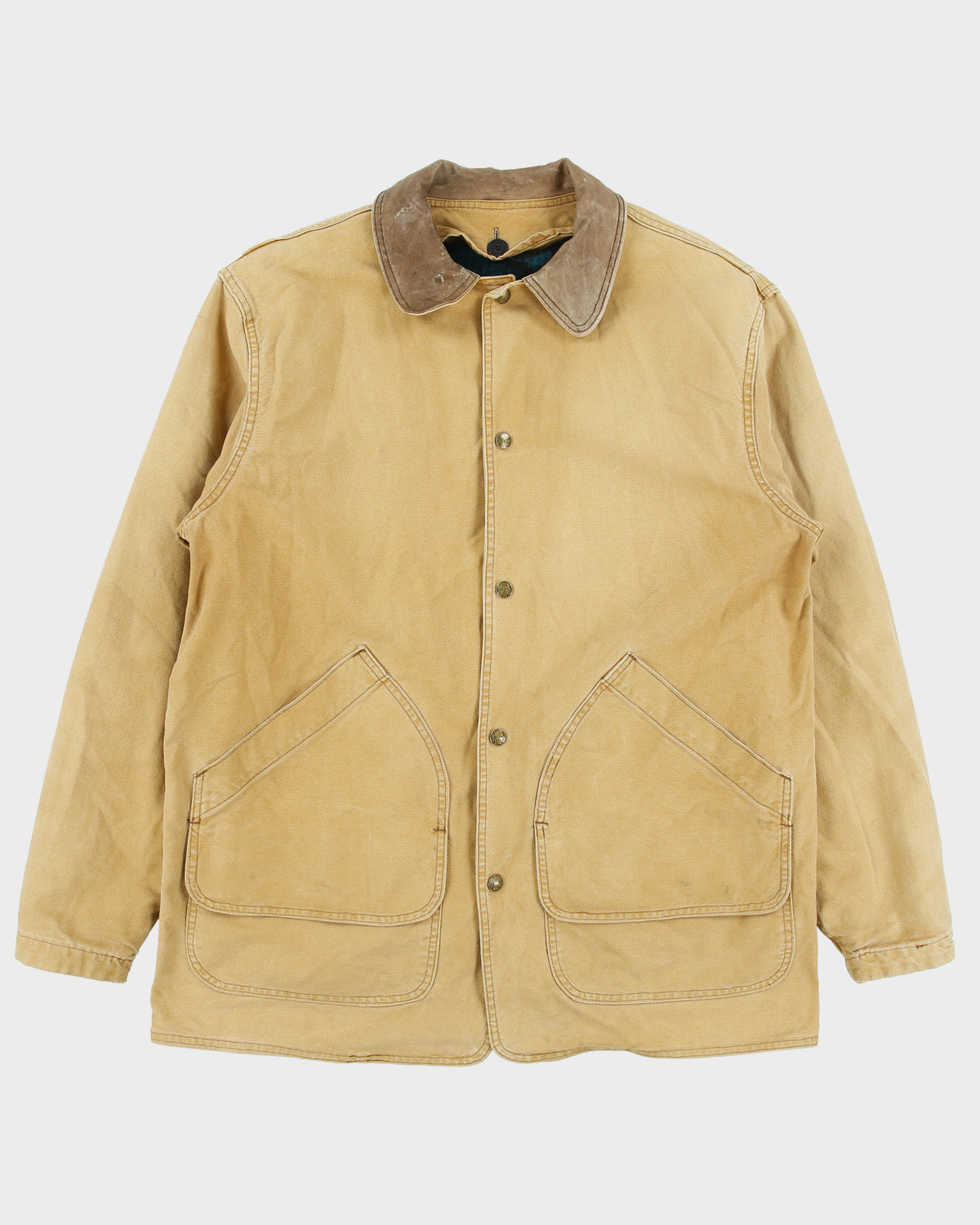 Vintage 1980s Woolrich Tan Duck Canvas Navajo Wool Button Liner Made In USA Barn Coat Jacket - M