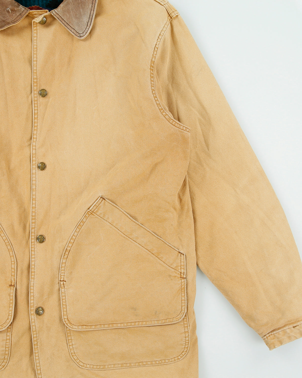 Vintage 1980s Woolrich Tan Duck Canvas Navajo Wool Button Liner Made In USA Barn Coat Jacket - M