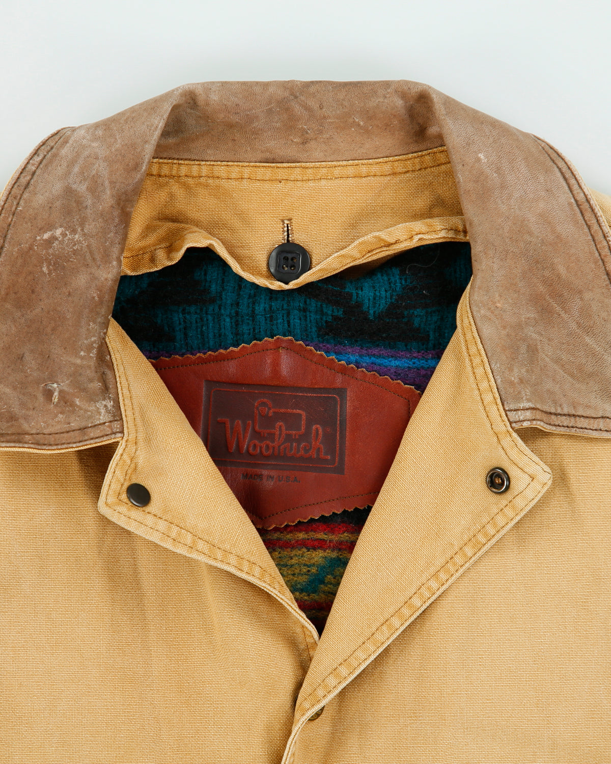 Vintage 1980s Woolrich Tan Duck Canvas Navajo Wool Button Liner Made In USA Barn Coat Jacket - M