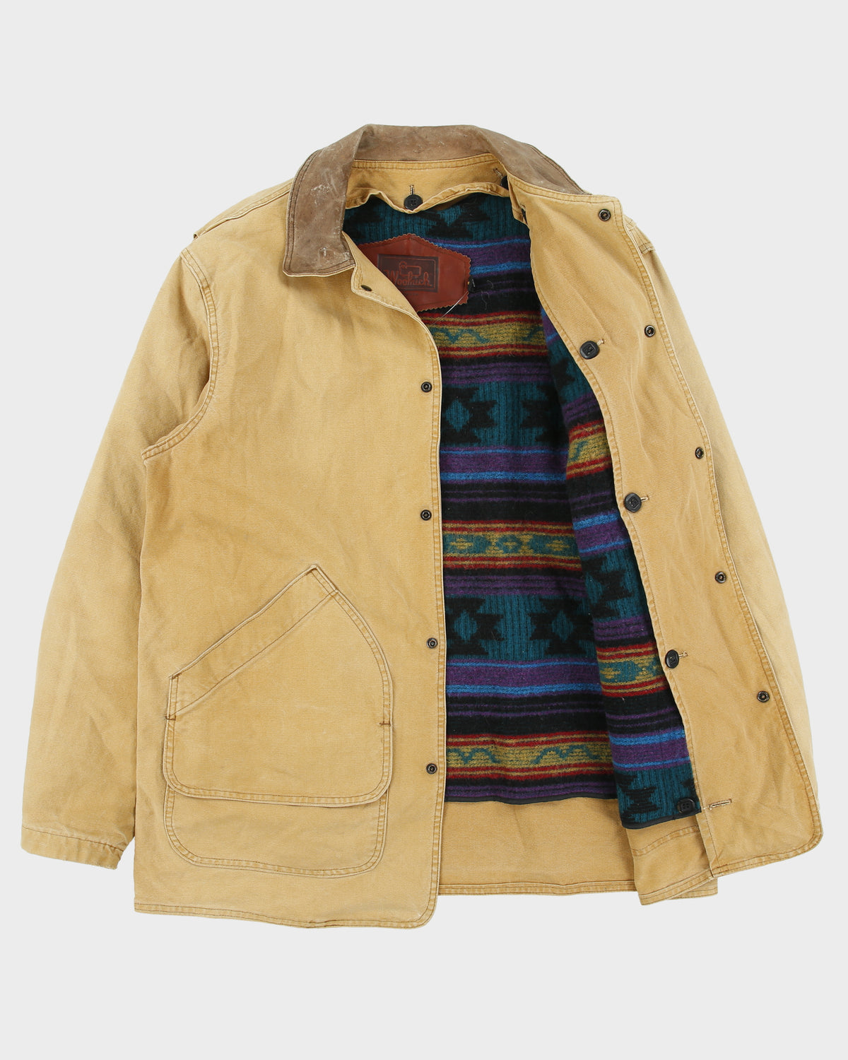 Vintage 1980s Woolrich Tan Duck Canvas Navajo Wool Button Liner Made In USA Barn Coat Jacket - M