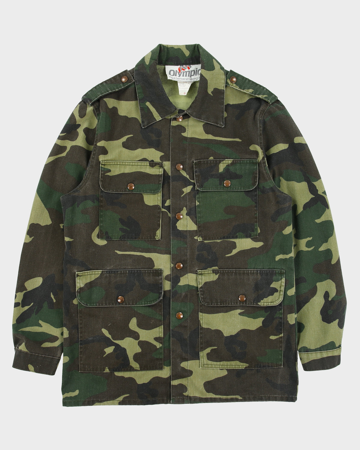 Vintage 1980s Olympic Woodland Camo Canvas Made In Canada Snap Button Hunting Shacket - M