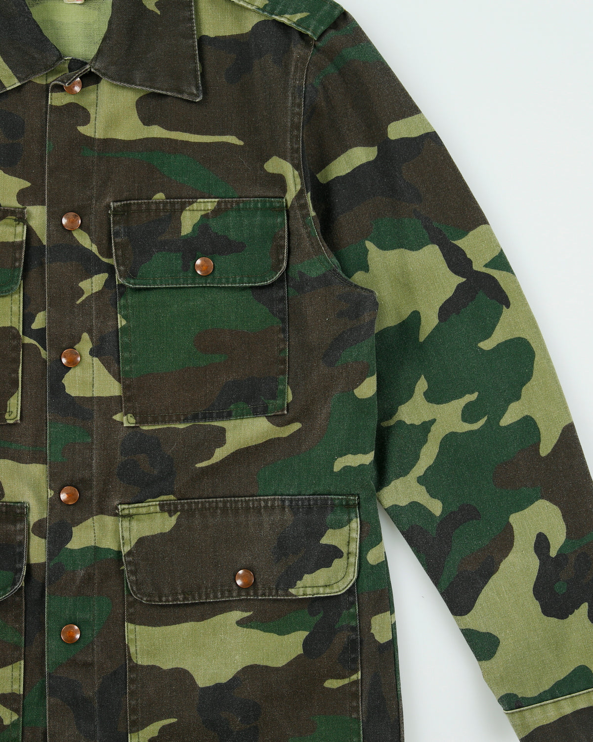 Vintage 1980s Olympic Woodland Camo Canvas Made In Canada Snap Button Hunting Shacket - M